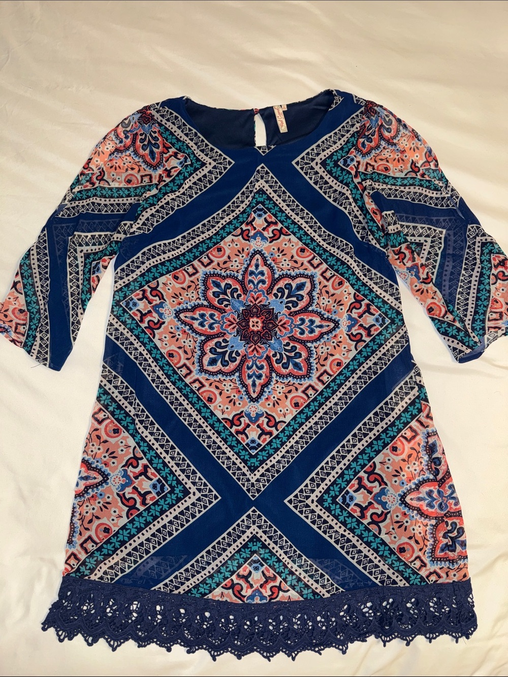 Red Camel Navy & Coral Patterned Shift Dress with Lace Hem